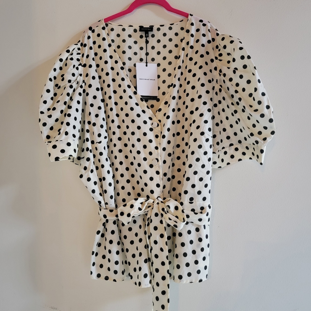 Ivory and Black Polka-dot Peplum Blouse